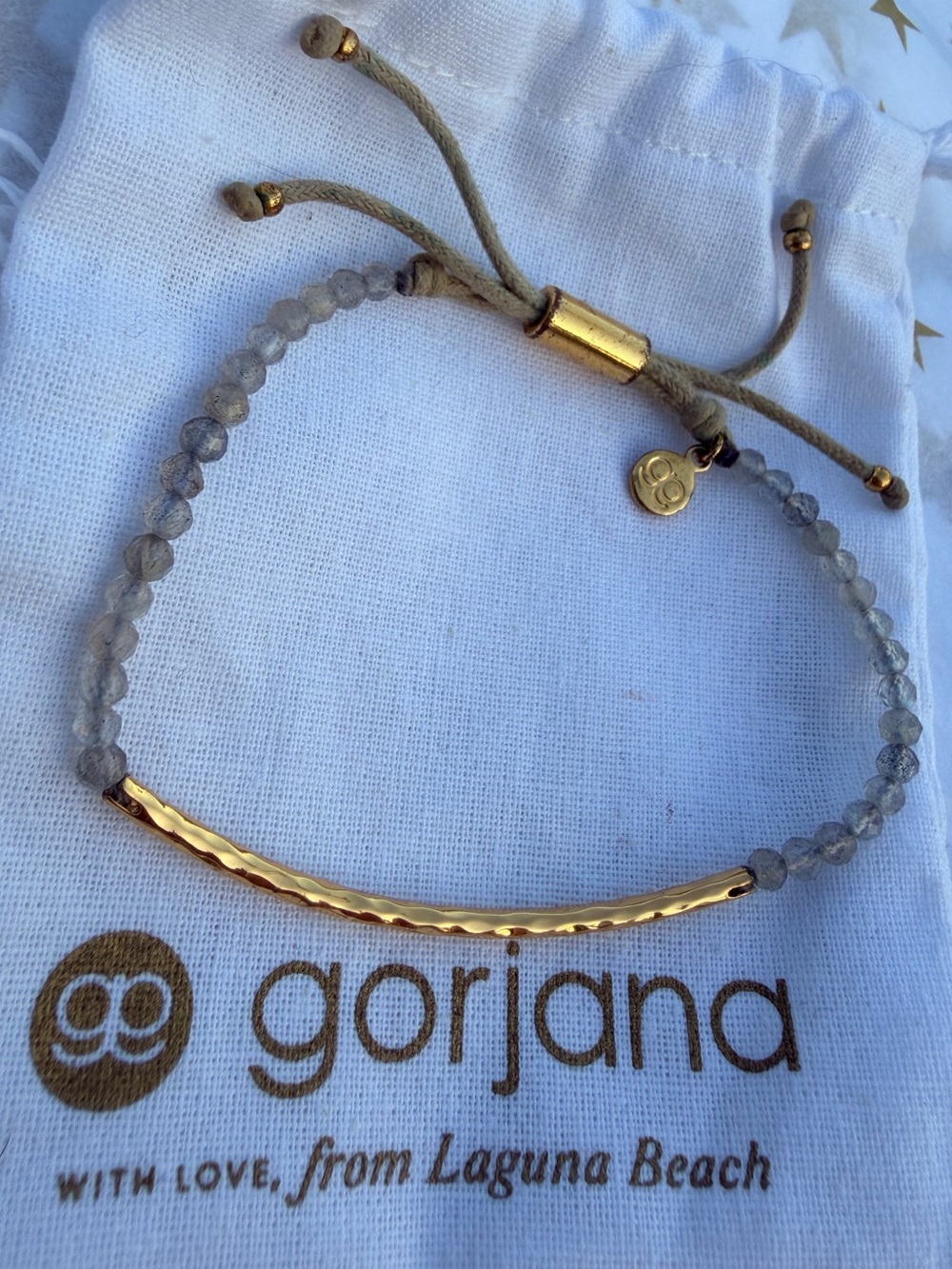 Gorjana Gold Hammered Bar Bracelet with Light Gray Beads
